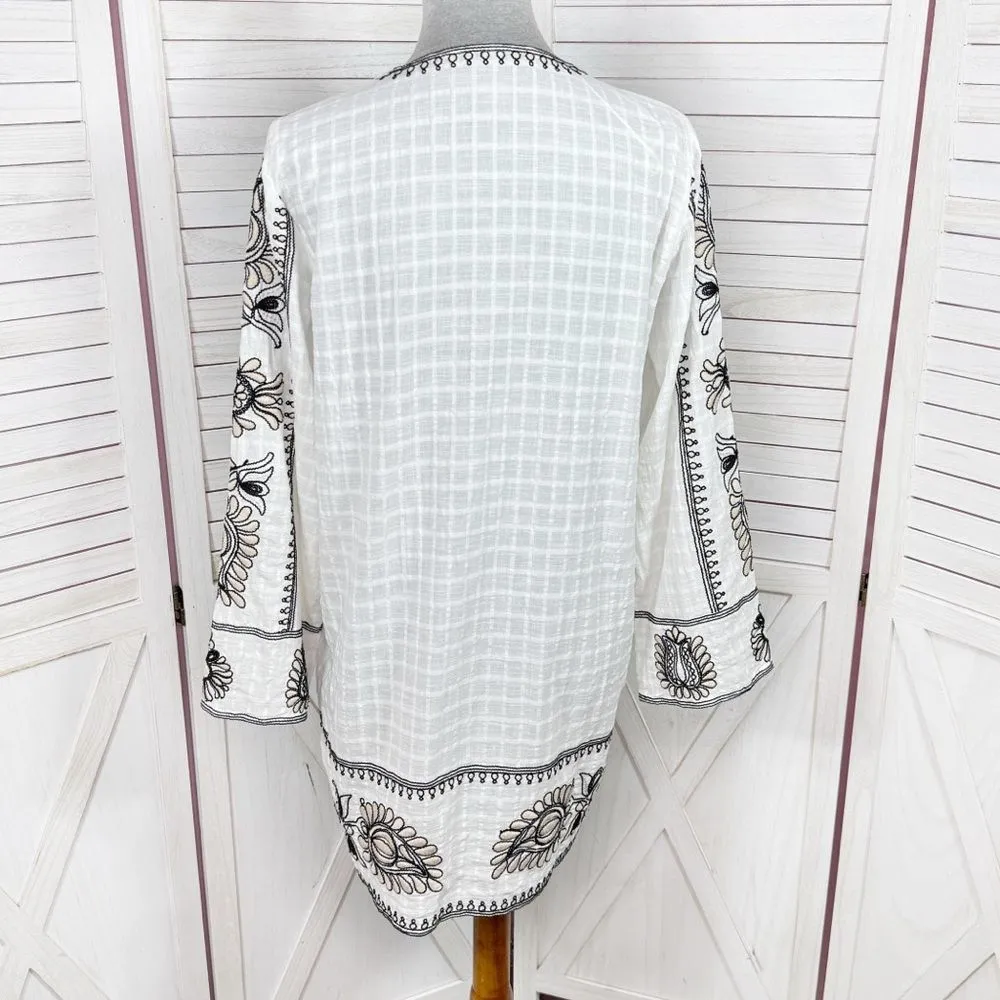 Zara Boho Embroidered‎ Textured Cotton Tunic Shift Mini Dress White Tan Black XS - Image 5
