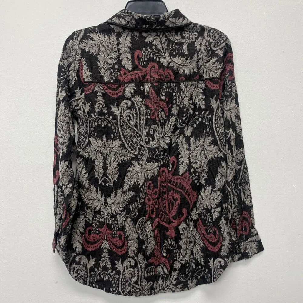 Soft Surroundings Jacquard Shirt Women XS Black Red Paisley Collared Chatnam Top - Image 10