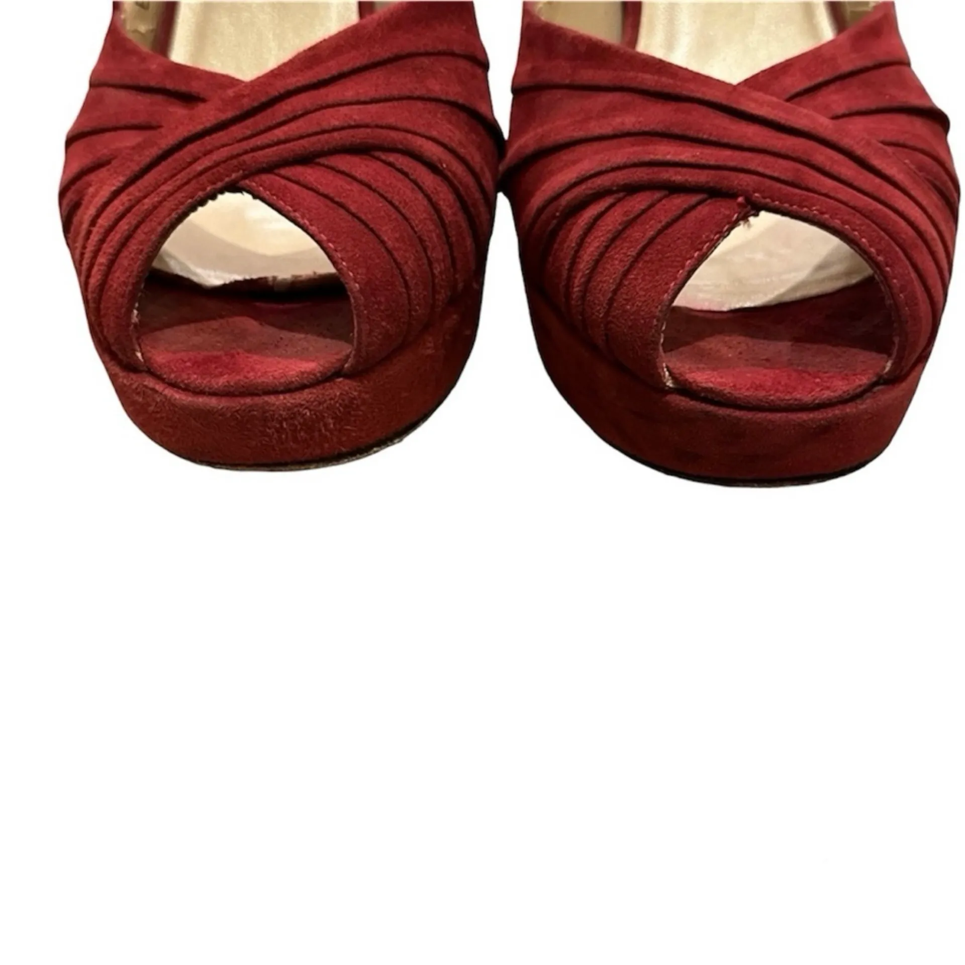 Burgundy Red Pleated Suede Peep Toe Platform Slingback Pumps 8M - Image 7