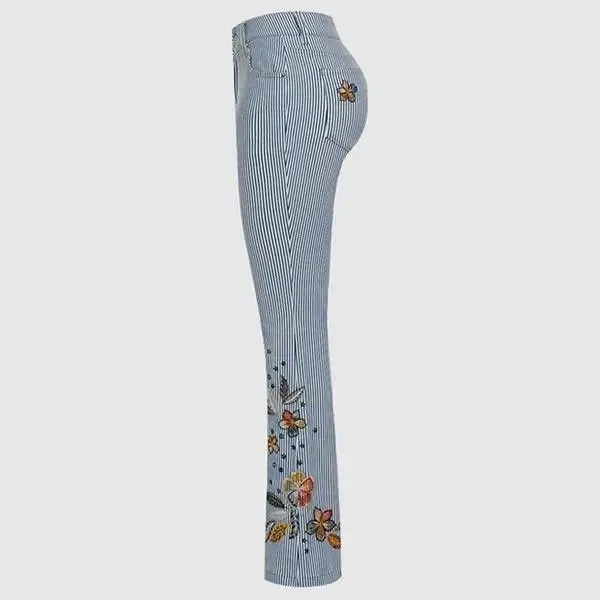 Flamingals Striped Embroidered Flare Jeans Light Blue 16 - Image 8