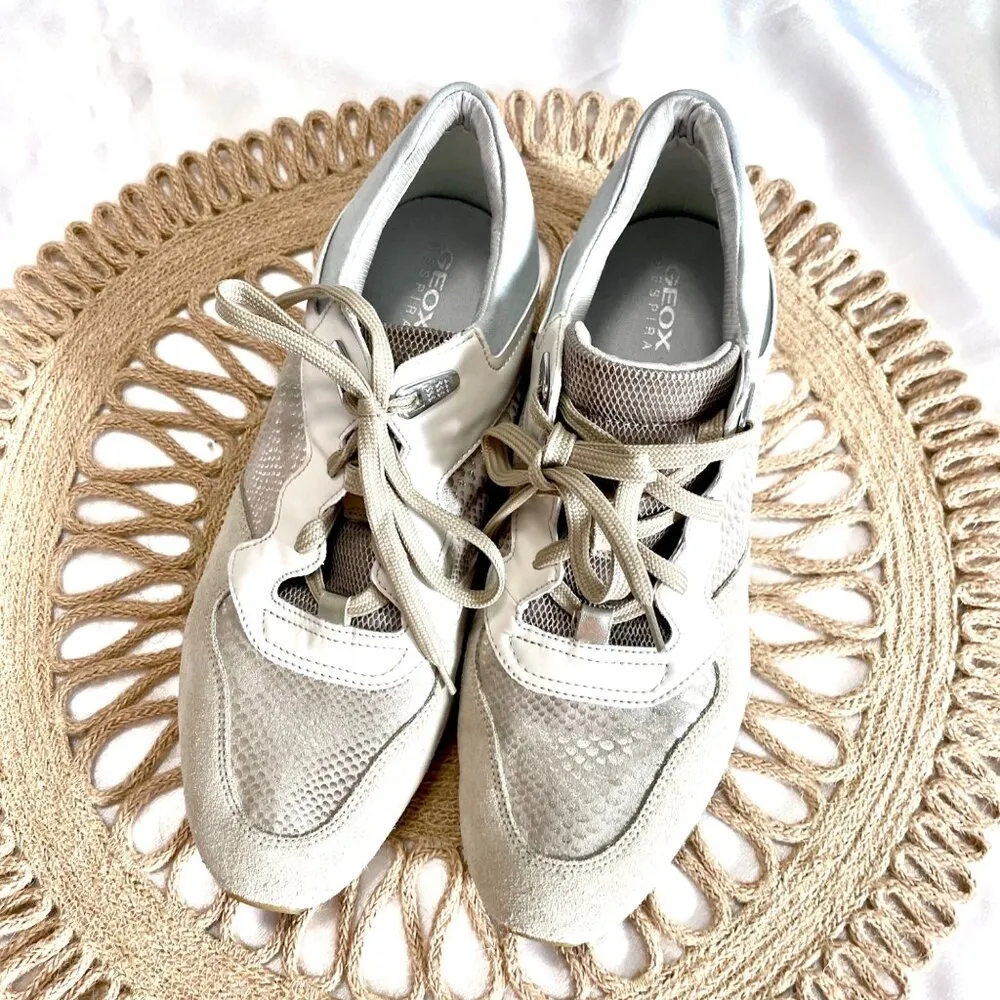 Geox Grey Snakeskin Silver Metallic Low-Top Sneakers Size US 9 EU 39 - Image 2