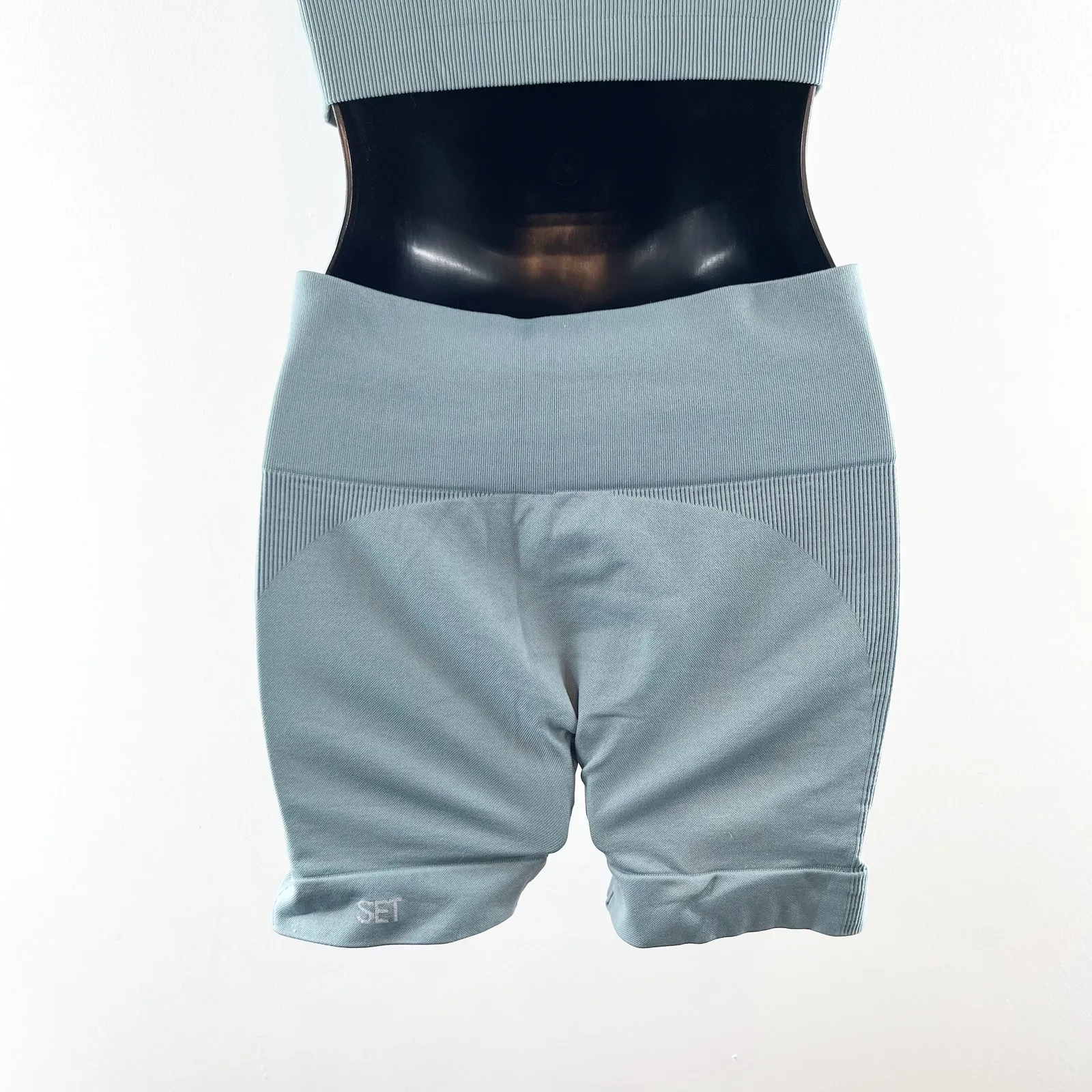 SET Active Sculptflex Power Ribbed Sports Bra Bike Short Set Muted Blue Large - Image 8