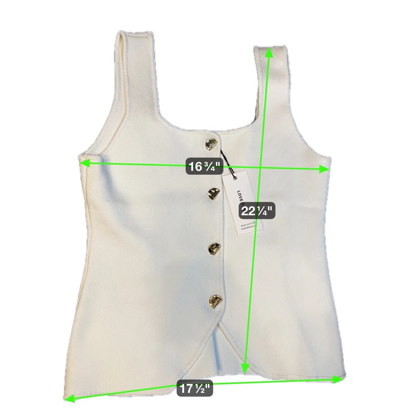 LOVE TREE White Knit Square Neck Tank Top Gold Button Detail Size L - Image 2