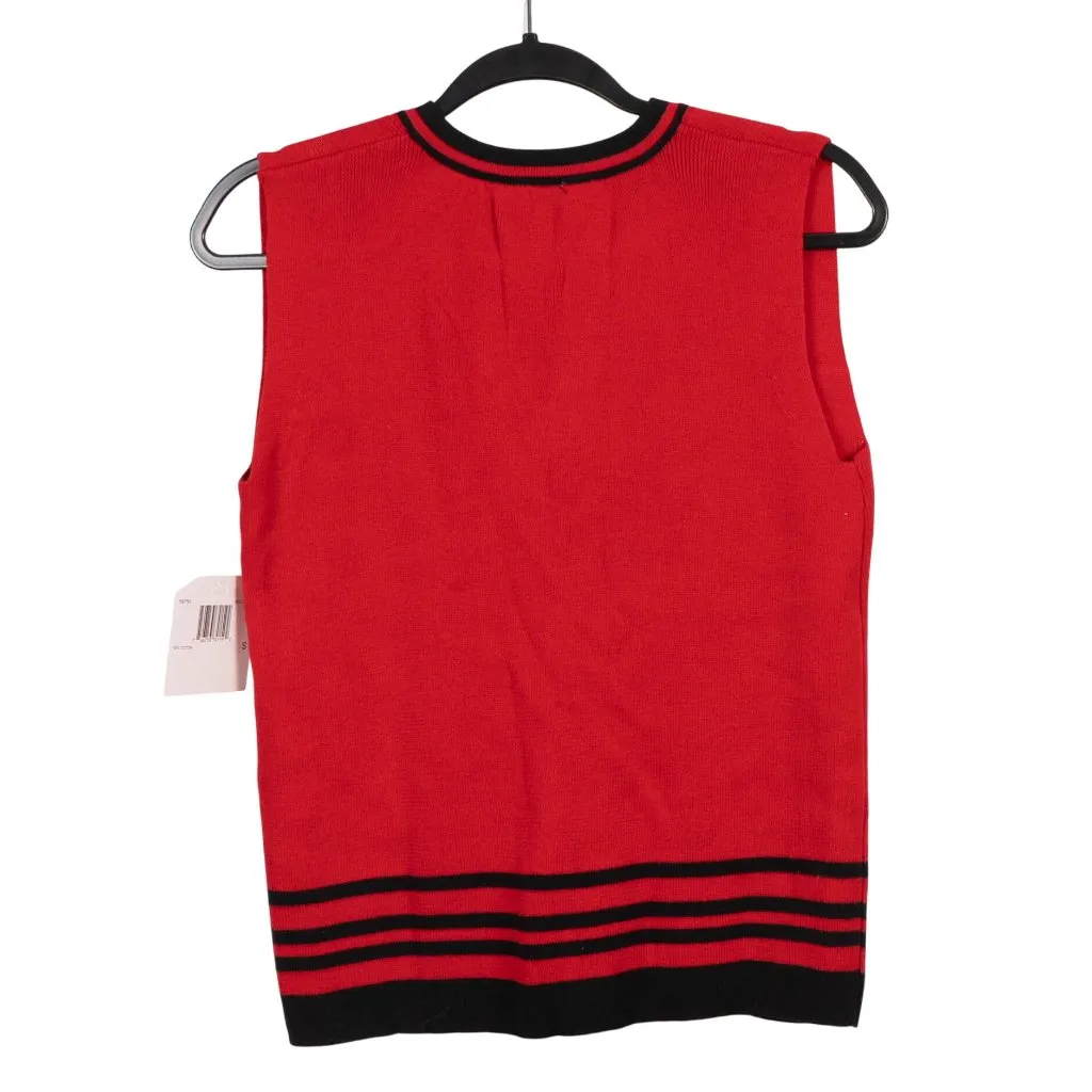 Erika VTG Sweater Vest S VNeck Red Black Trim Old Money Academic Classic Stretch - Image 6