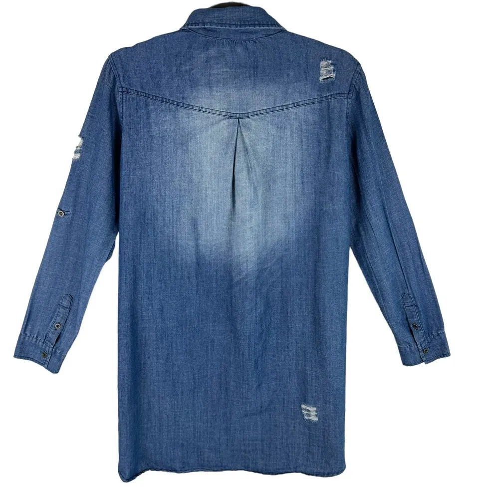 Oddy Blue Medium Wash Long Roll Tab Sleeve Collared Button Up Dress Tunic Size M - Image 2