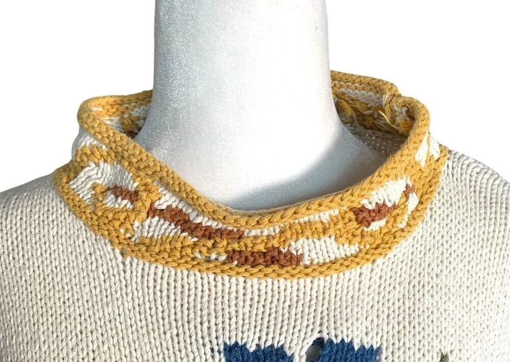 Vintage Lizi Ruch Cream Floral Embroidered Mock Neck Neutral Pullover Sweater Red - Image 4