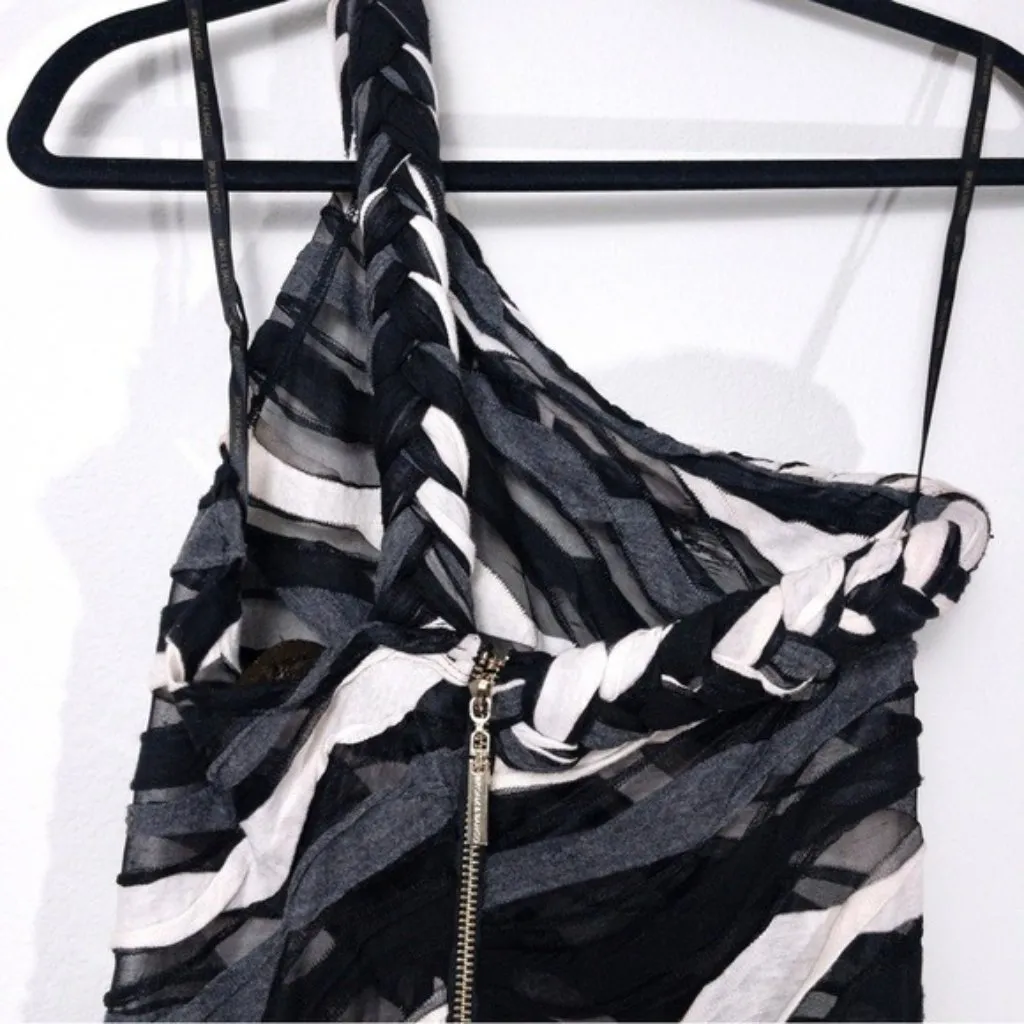 Bronx and Banco x REVOLVE Itza One Shoulder Dress S Black Striped Sheer Braided - Image 9