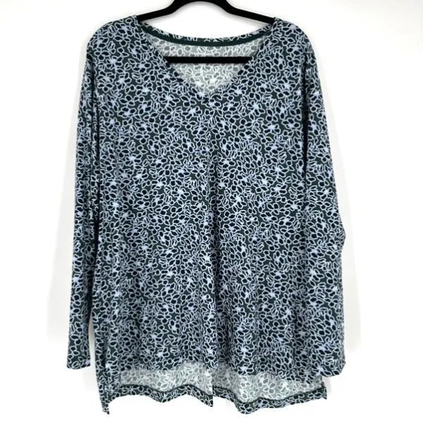 Lands' End Women's Floral V- Neck‎ LS Supima Cotton T-Shirt Blue Size 2X Stretch - Image 3