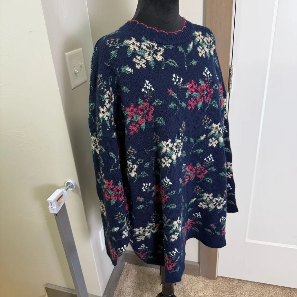 Vintage Willow Bay Knit Oversized Navy Blue Floral Tunic Length Sweater Crewneck Size 2X - Image 3