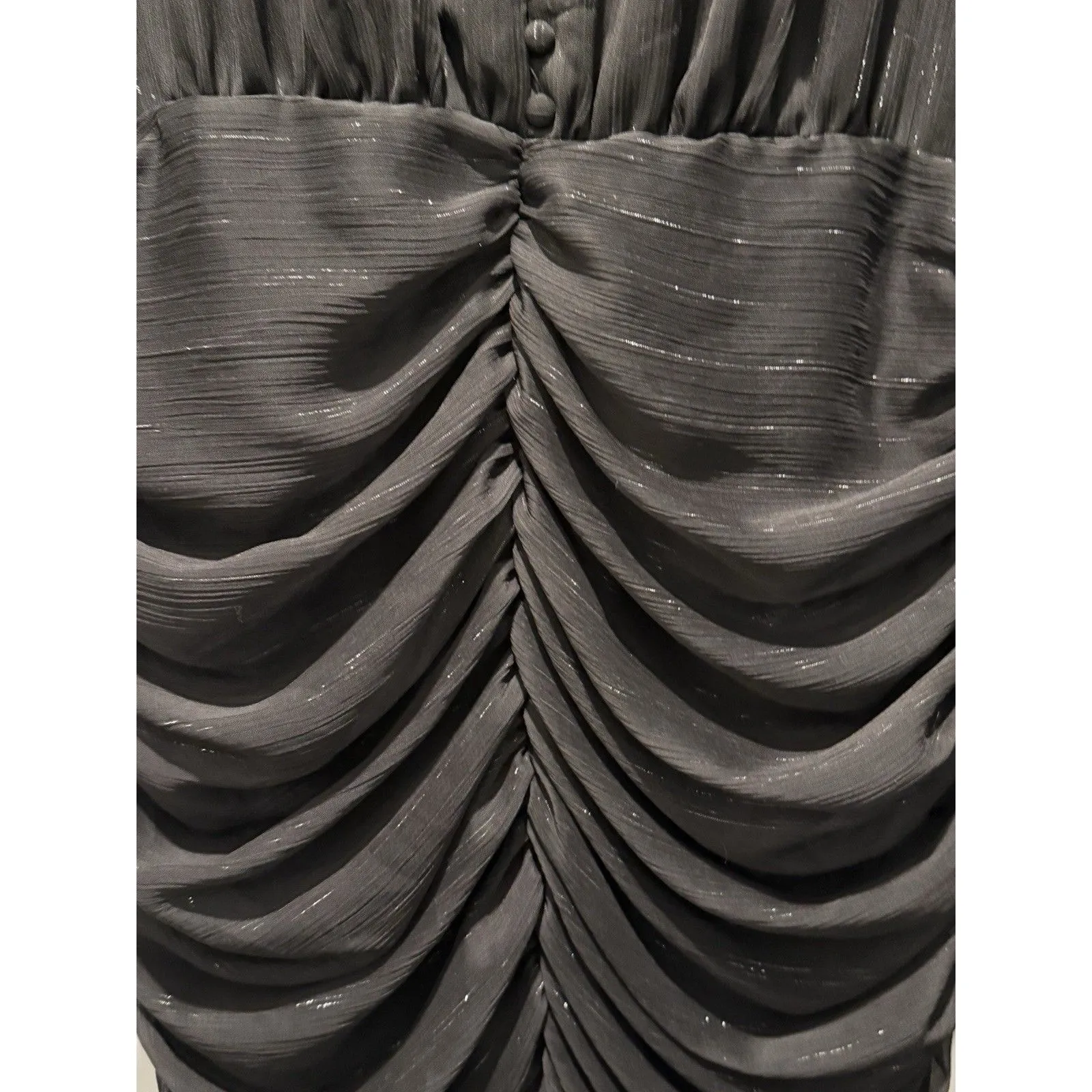 House Of Harlow 1960 Lurex Metallic Ruched Mini Black Sheer Sleeves Dress 10 - Image 3