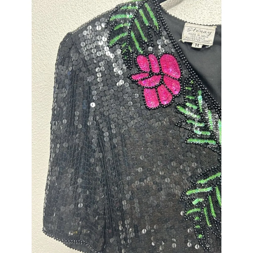 VTG Stenay Silk Beaded Sequin Embroidered Top Medium Floral Black Wedding Event Green - Image 4