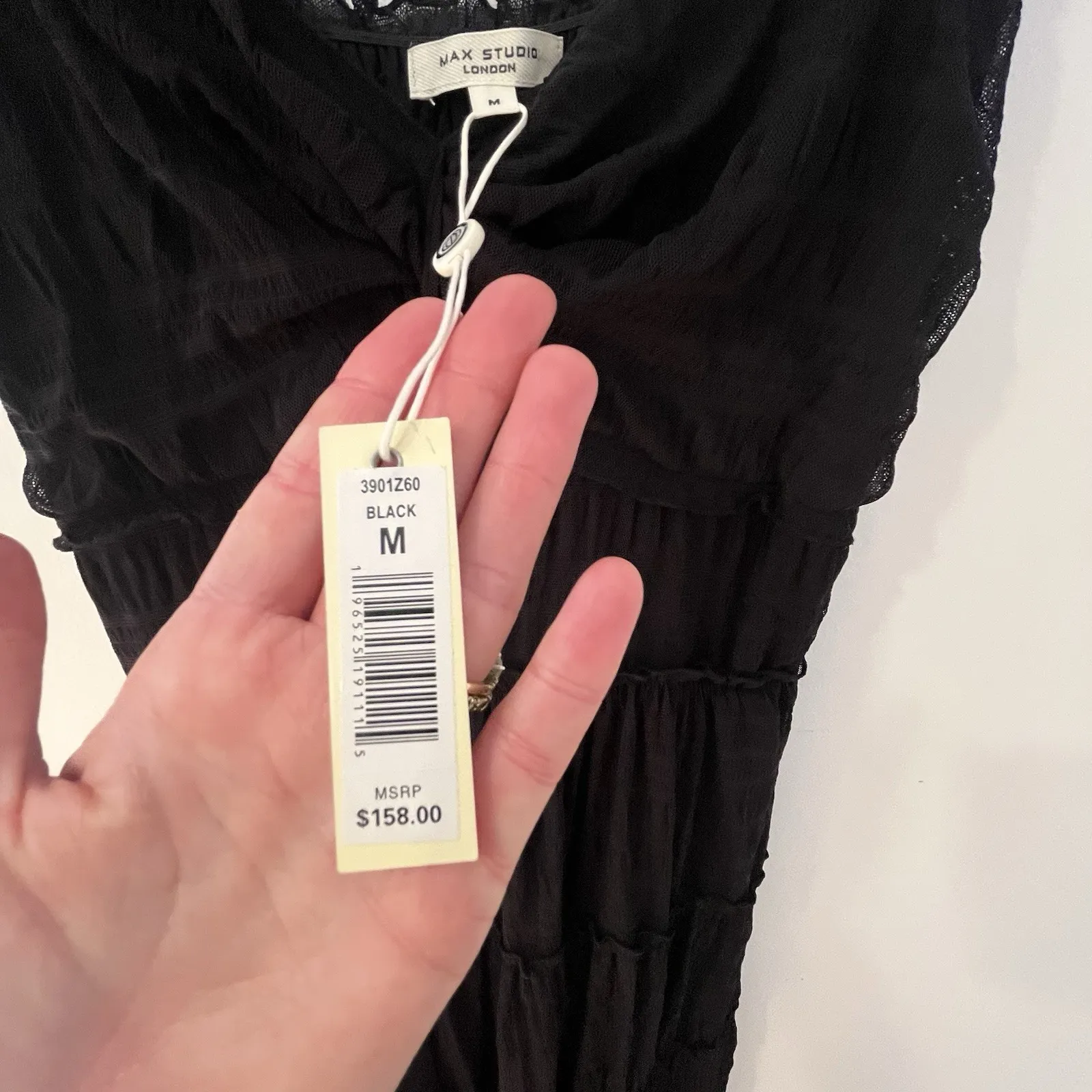 NWT Max Studio Mesh Ruffle Smocked Waist Stretchy Black Midi Dress Size M - Image 9