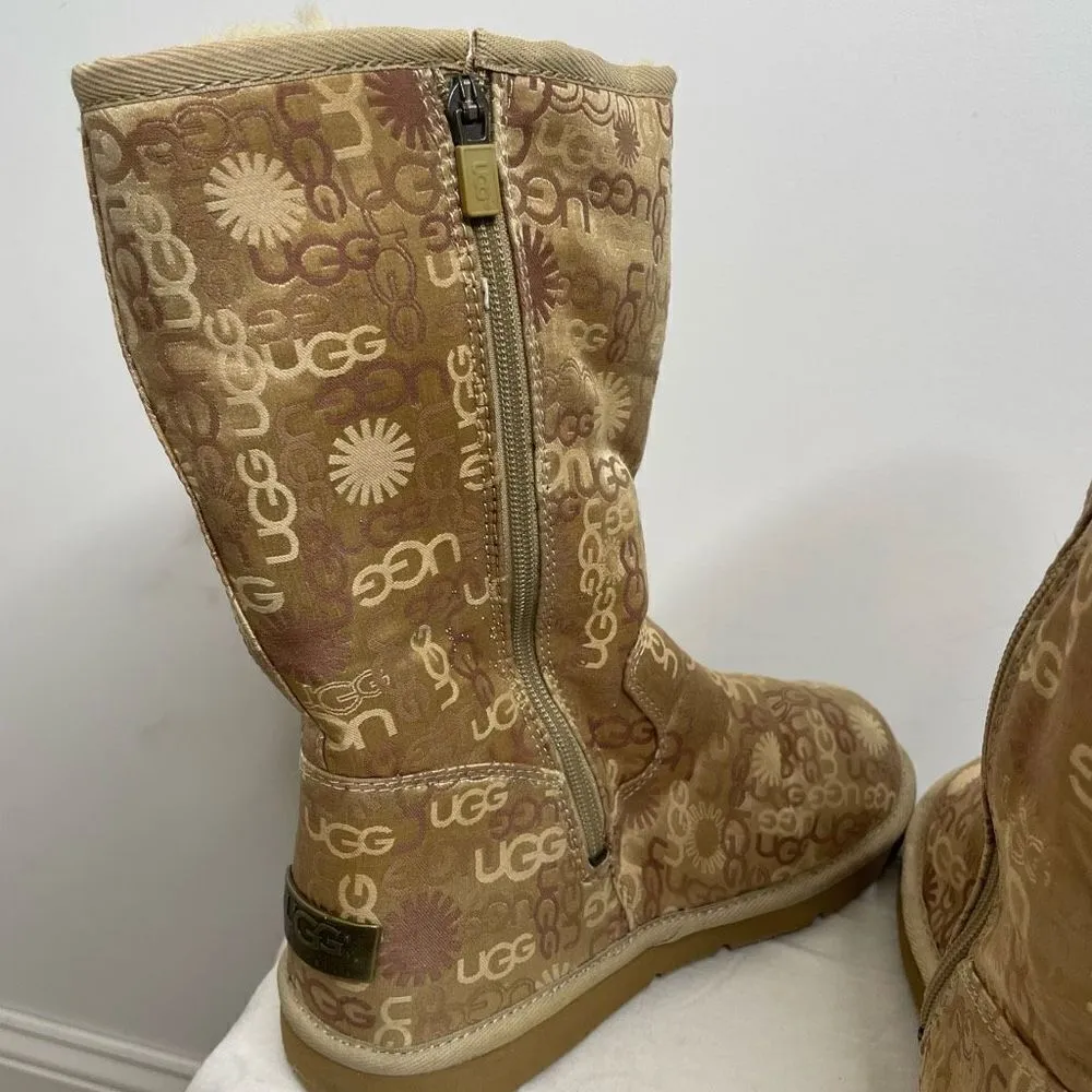 UGG Classic Tall 5515 Monogrammed Logo Metallic Gold Leather‎ Winter Boots Zip 8 - Image 6