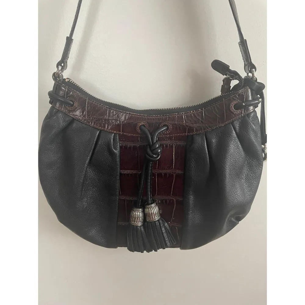 Brighton‎ Black Leather Hobo Bag with Brown Croc Trim & Silver Hardware - Image 2