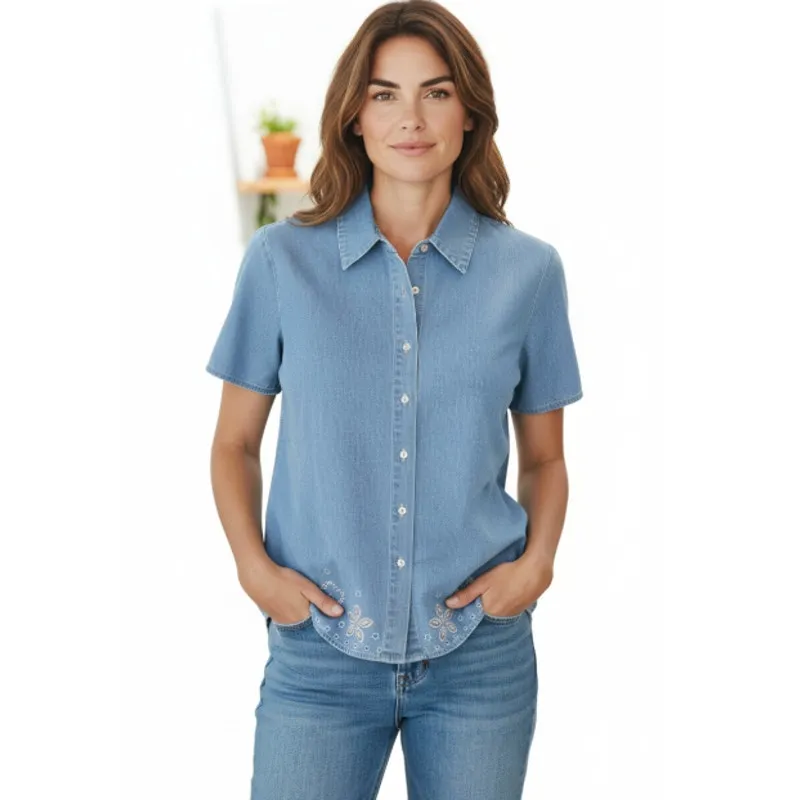 Denim & Co. Studded Flower Button Front Shirt size Medium - Image 7