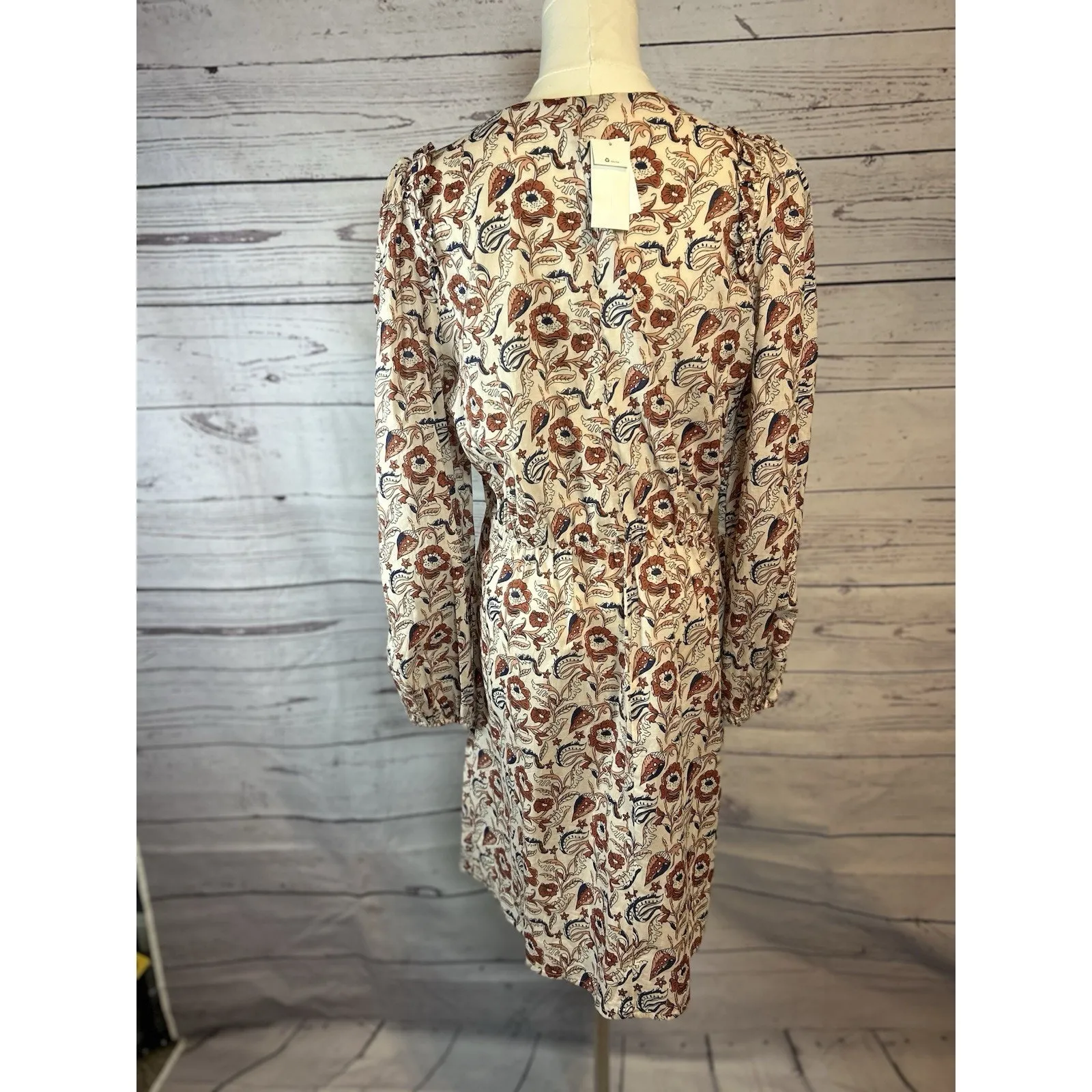 NWT Banana Republic Boho Floral Dress M 100% Cotton Brown Peach Blue Long Sleeve - Image 5