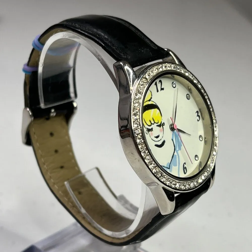 Disney Cinderella Watch Black Leather Band Stainless Steel Case Quartz - Image 2