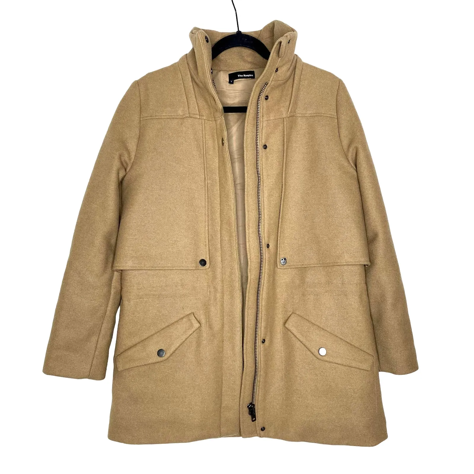 The Kooples Wool Blend Mockneck Utility Pea Coat Small Snap Front Zip Jacket Tan - Image 1