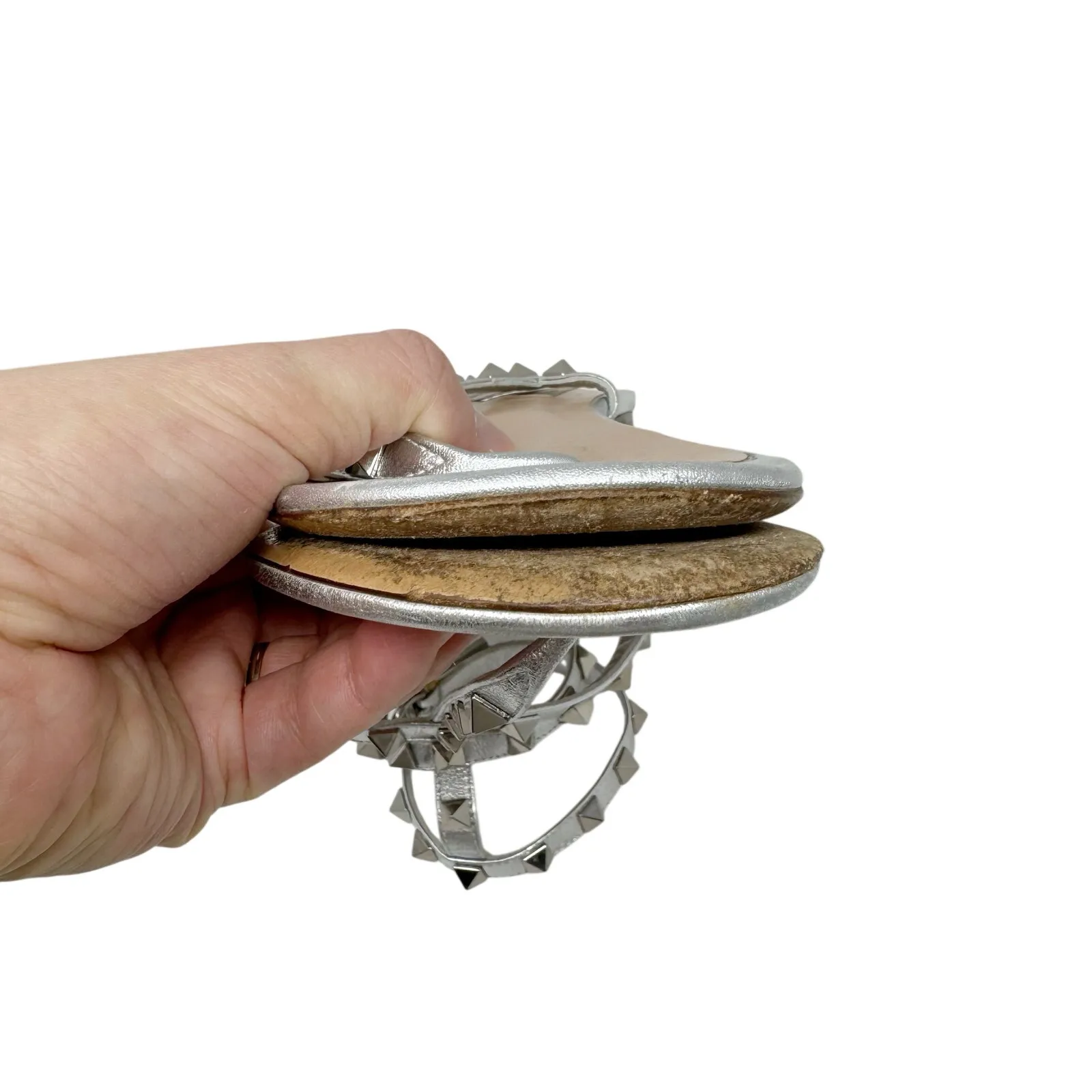 Valentino Garavani Silver Rockstud Flat Sandals Studded Leather Size 37.5 - Image 10