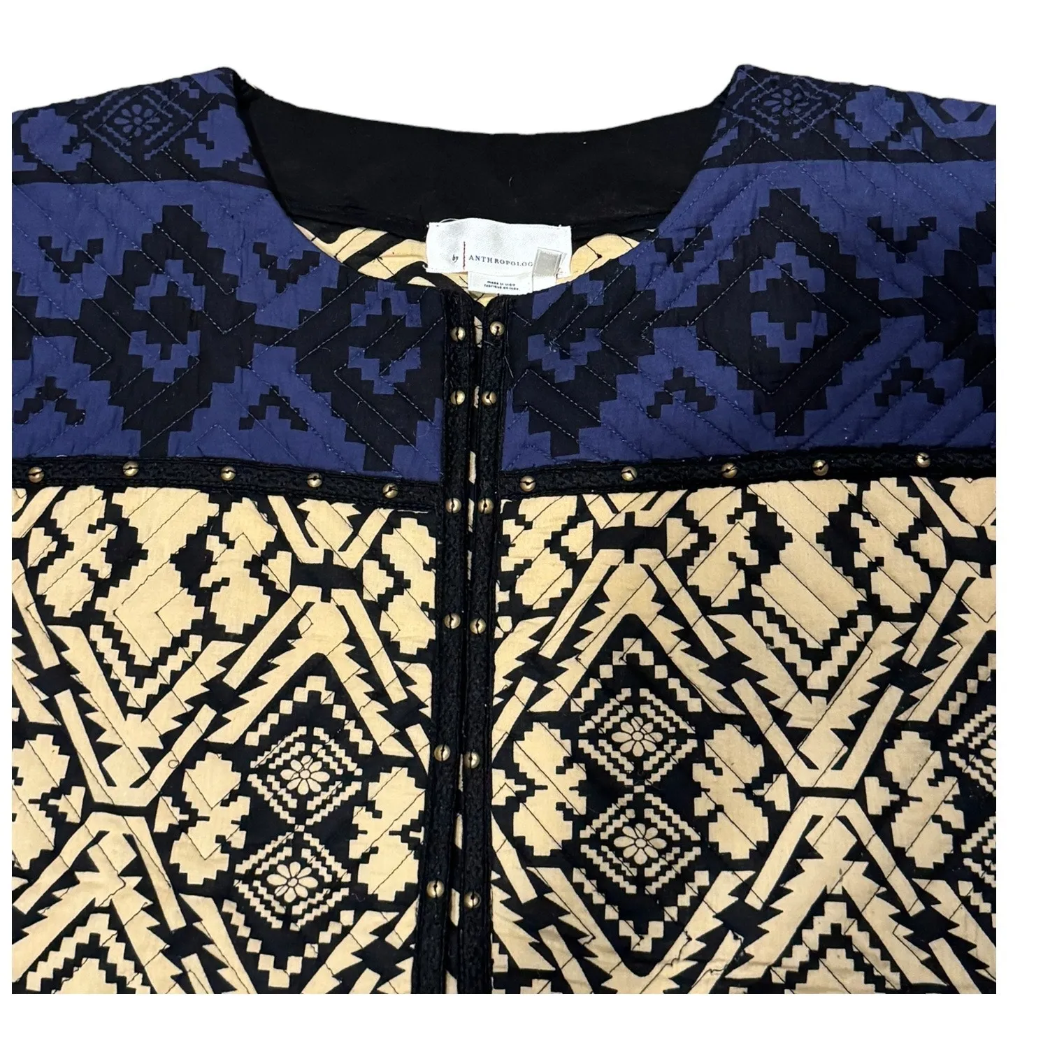 Anthropologie Simona Quilted Vest round neck navy & tan colorblock size medium - Image 6