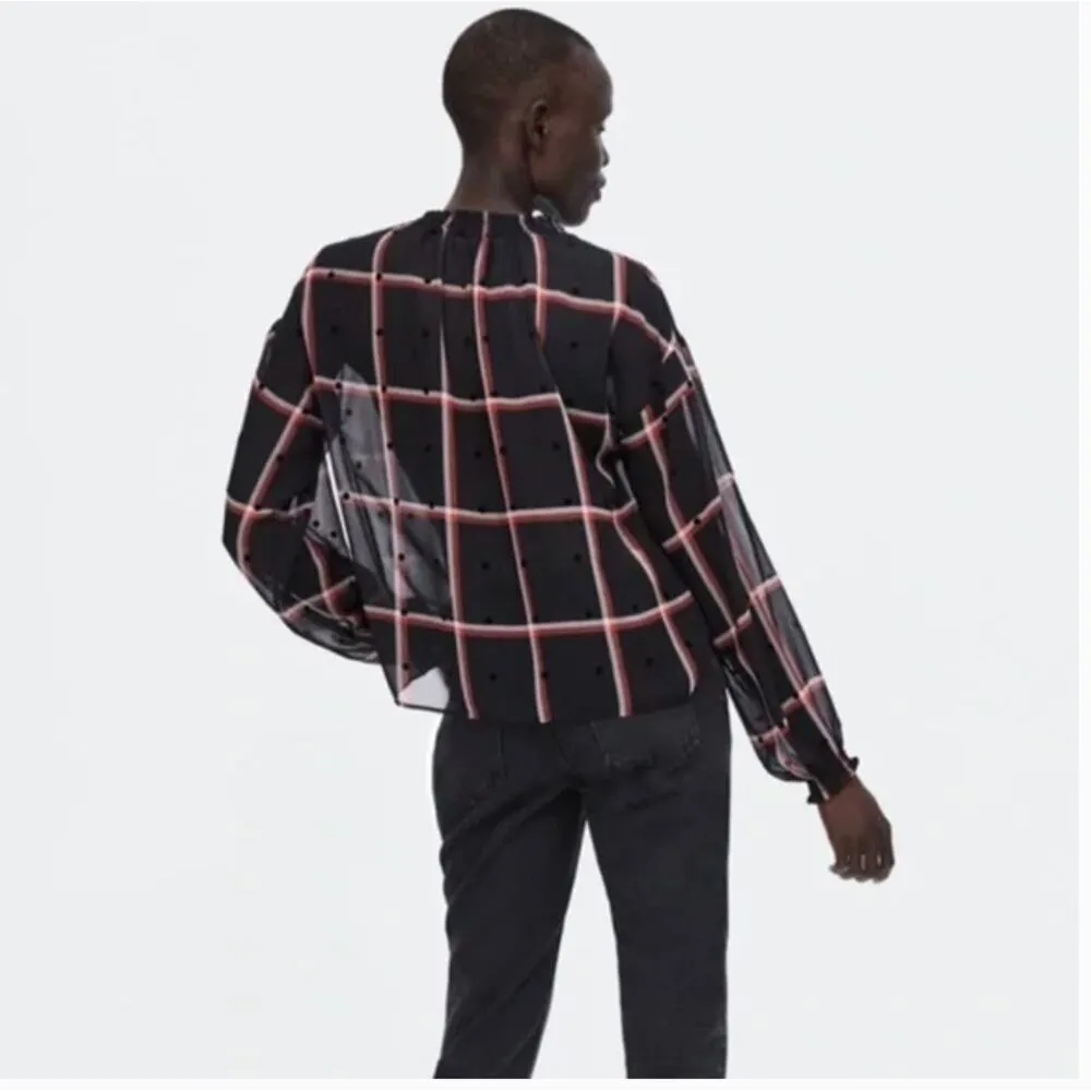 Zara Basic Women's sz. M Sheer Checker Dot Split Mock Neck Top Puff Sleeves - Image 3