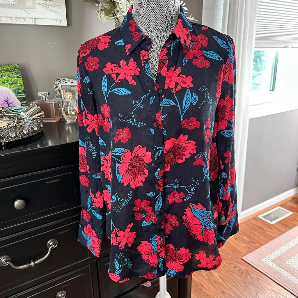 Zara Z1975 Semi-Sheer Maximalist Black Red Blue Bold Floral Blouse Size M - Image 2