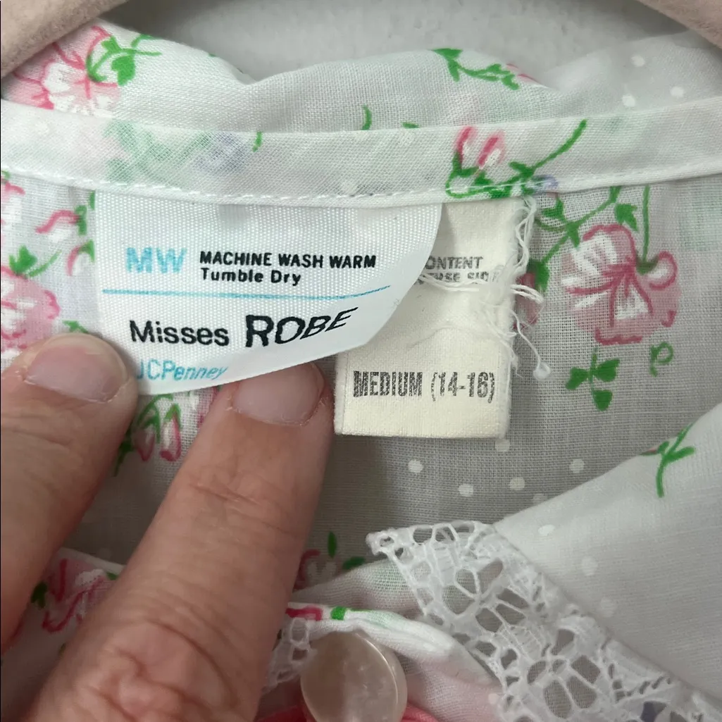 Vtg JCPenney Lounge House Dress Robe PEARL BUTTONS Coquette Floral Size Med + White - Image 5