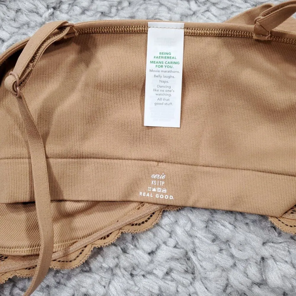 Aerie Superchill Seamless Corset Longline Bra Top Lace Trim Tan Beige Size XS - Image 5