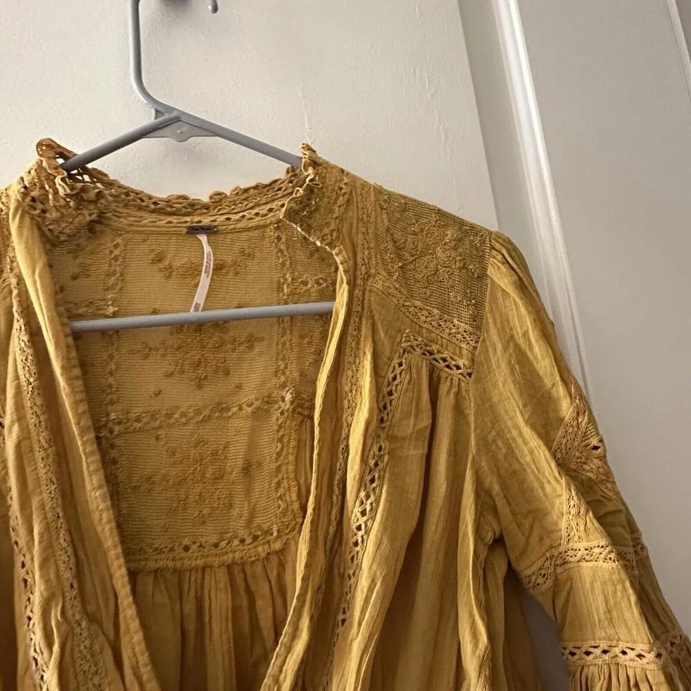 Free People Yellow Open Tie Front Shrug  Shirt Top Sz Extra Small XS Women’s - Image 2