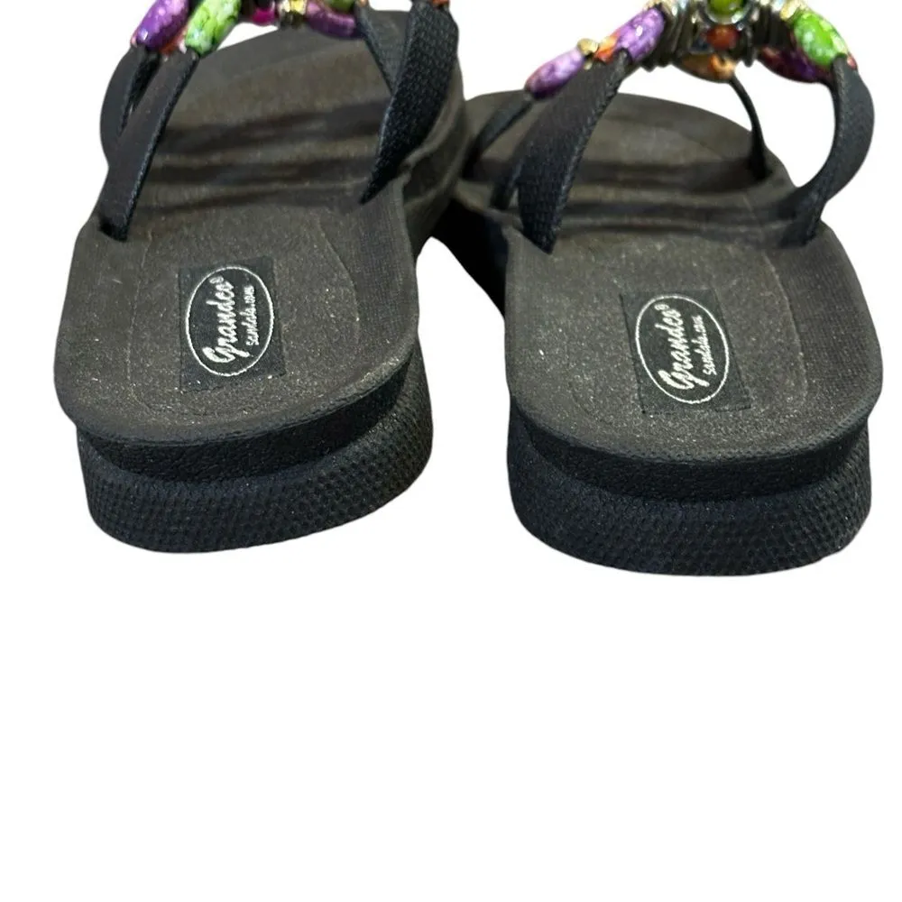 Grandco Beaded Black Flip Flop Sandals 6 Multicolored Beads Purple - Image 4