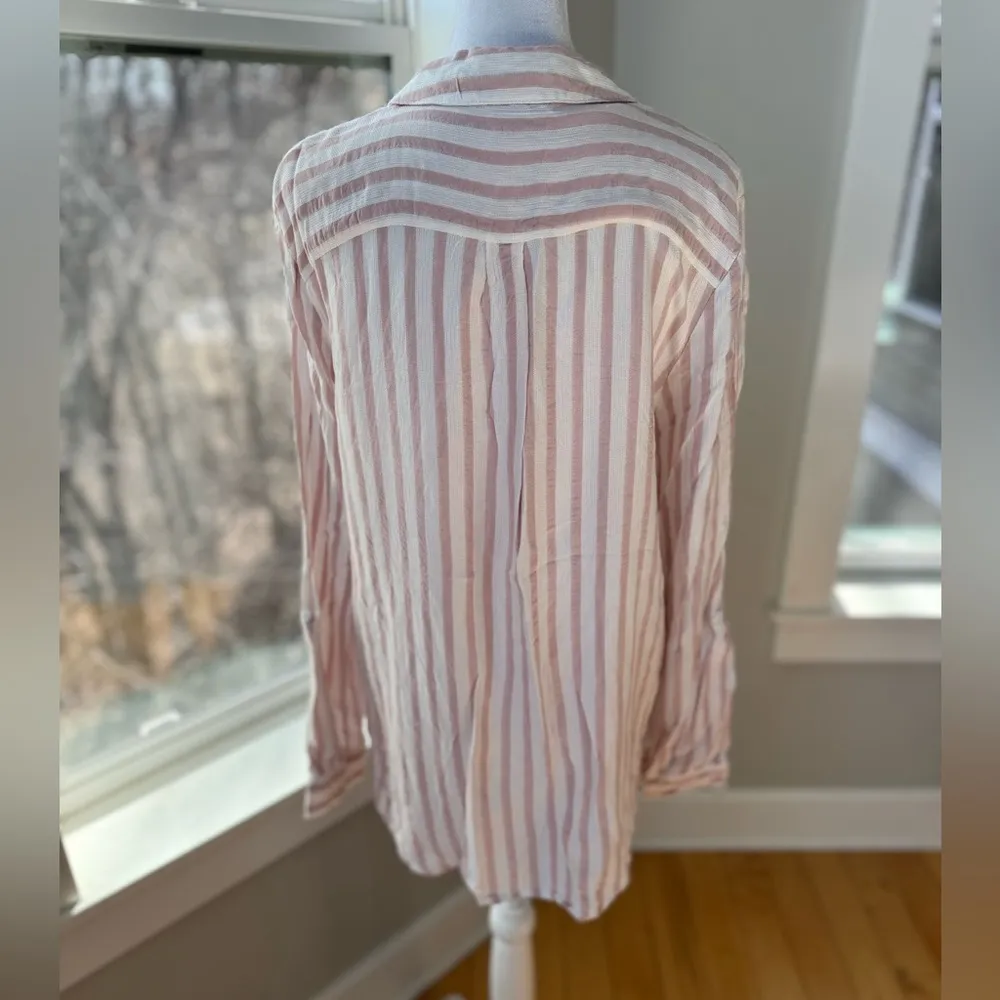 Cato C Brand Pink White Coastal Striped Textured Flowy Rayon Button Down Shirt L - Image 3