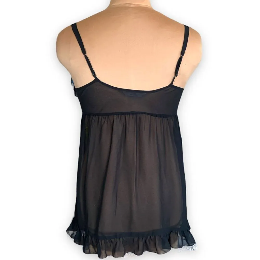Flora By Flora Nikrooz Imagine Chiffon Chemise Sheer Black White Lace Ruffle Bow - Image 5
