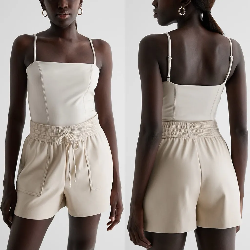 Express Body Contour Faux Leather Cami Bodysuit in Sandshell 2610 - Image 3