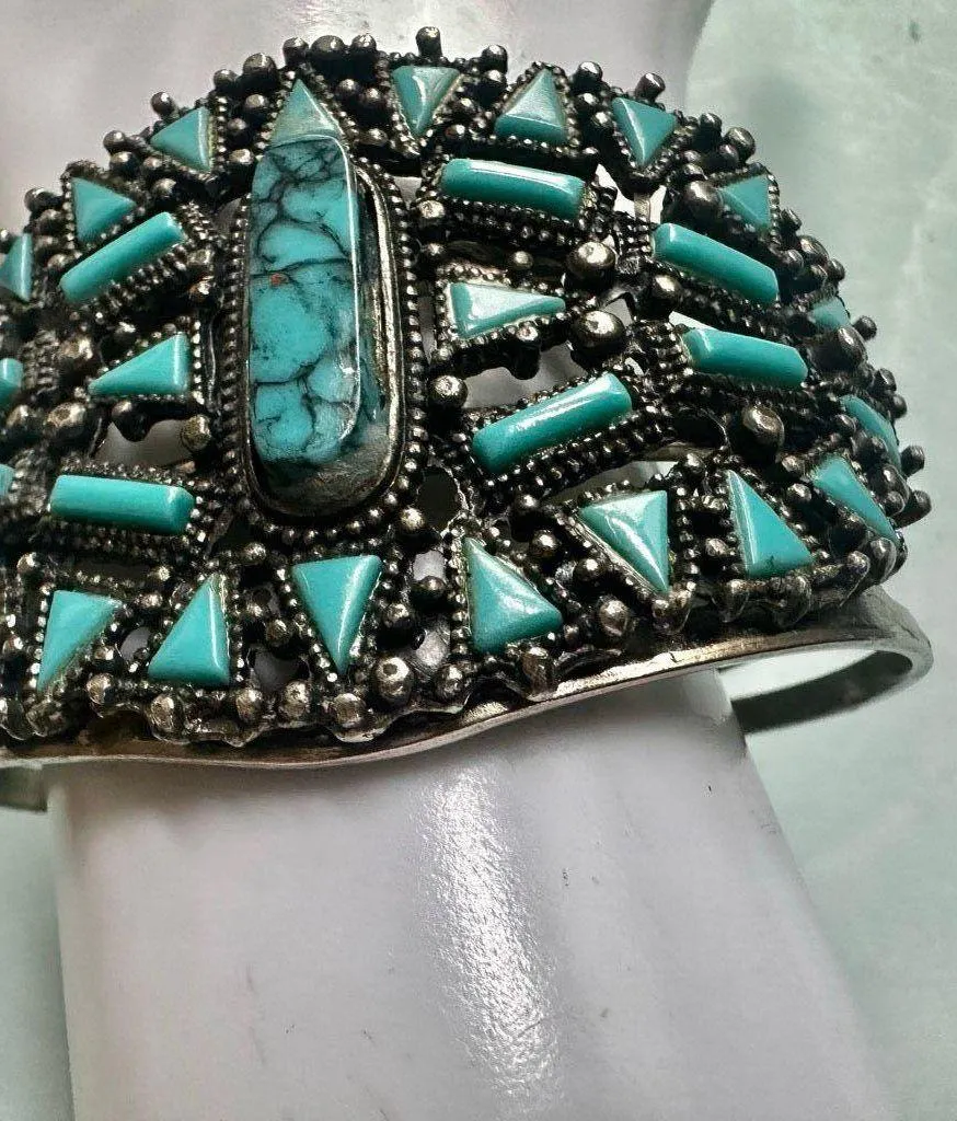 Southwestern Style Wide Cuff Bracelet Turquoise Mosaic Design Blue - Image 2