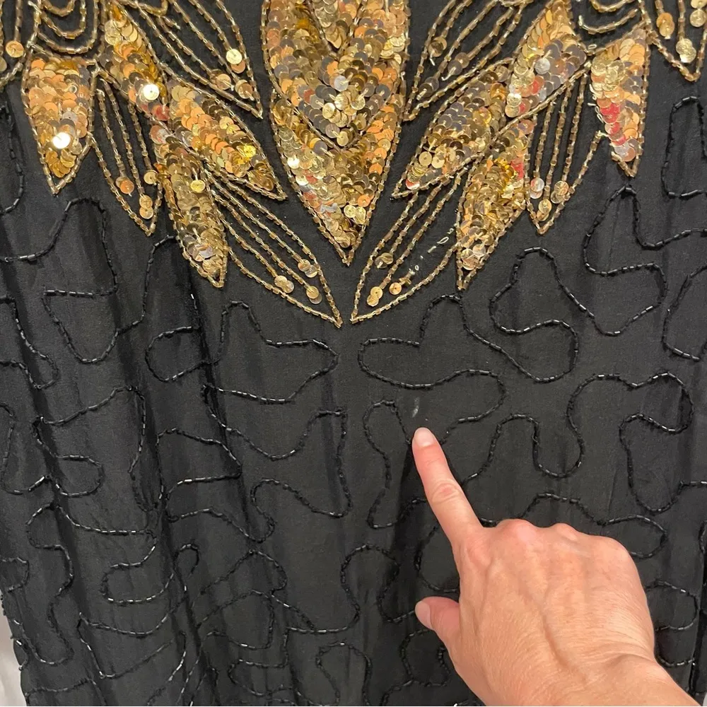 Vintage 80’s stenay black silk short sleeve beaded sequin gold bling leaf dress Size undefined - Image 16