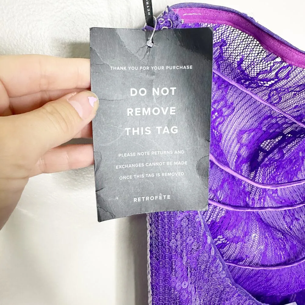 Retrofete Lucie Sequin Lace Semi Sheer Maci Dress Amethyst Purple Medium NEW - Image 10