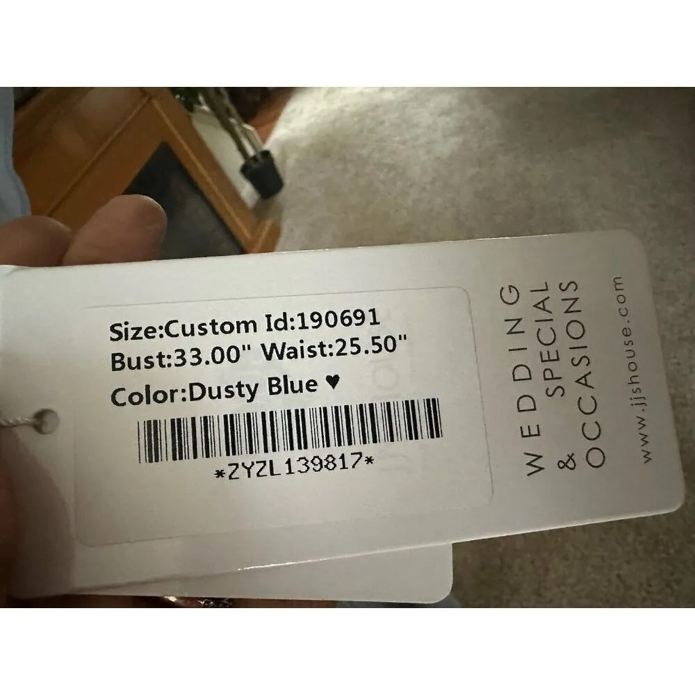 JJ'S HOUSE SIZE XS DUSTY BLUE EMPIRE WAIST BRIDESMAID GOWN FLUTTER SLEEVE NWT - Image 7