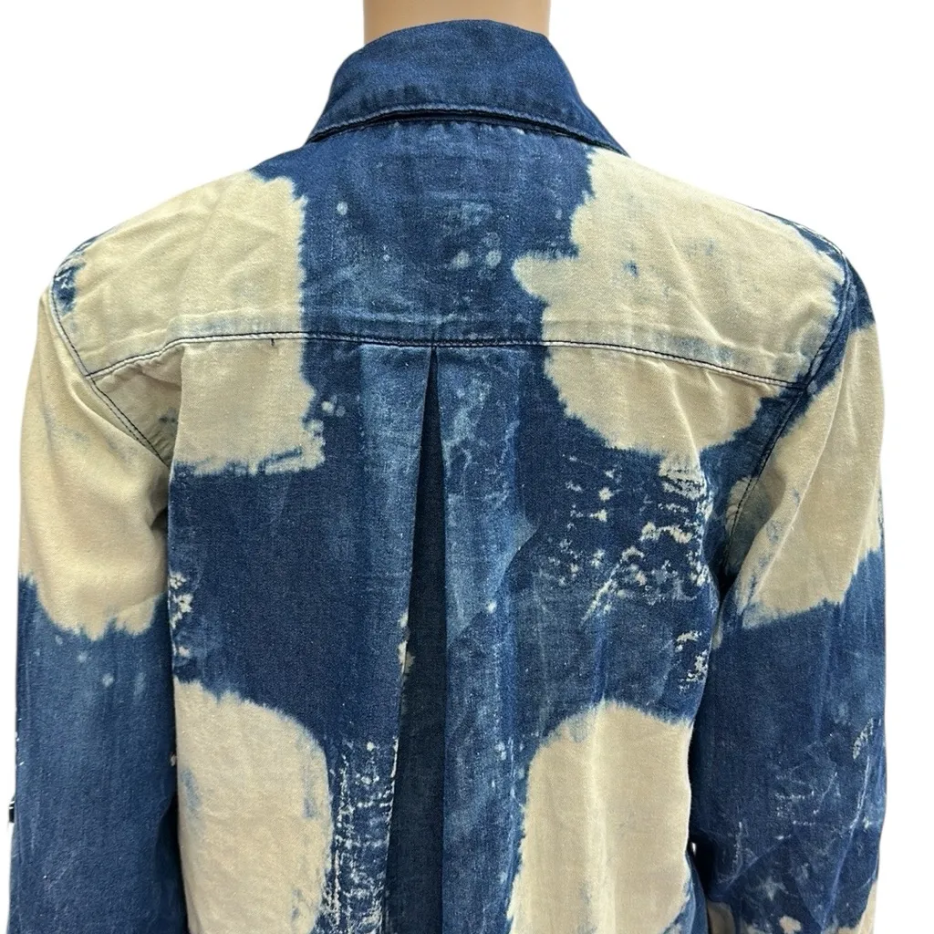 Thrill Acid Wash Distressed Denim Roll Tab Sleeve Button Up Double Pocket Shirt Blue Size M - Image 8
