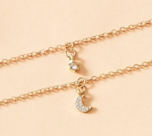 Casual Rhinestone Moon Charm Layered Necklace Gold - Image 3