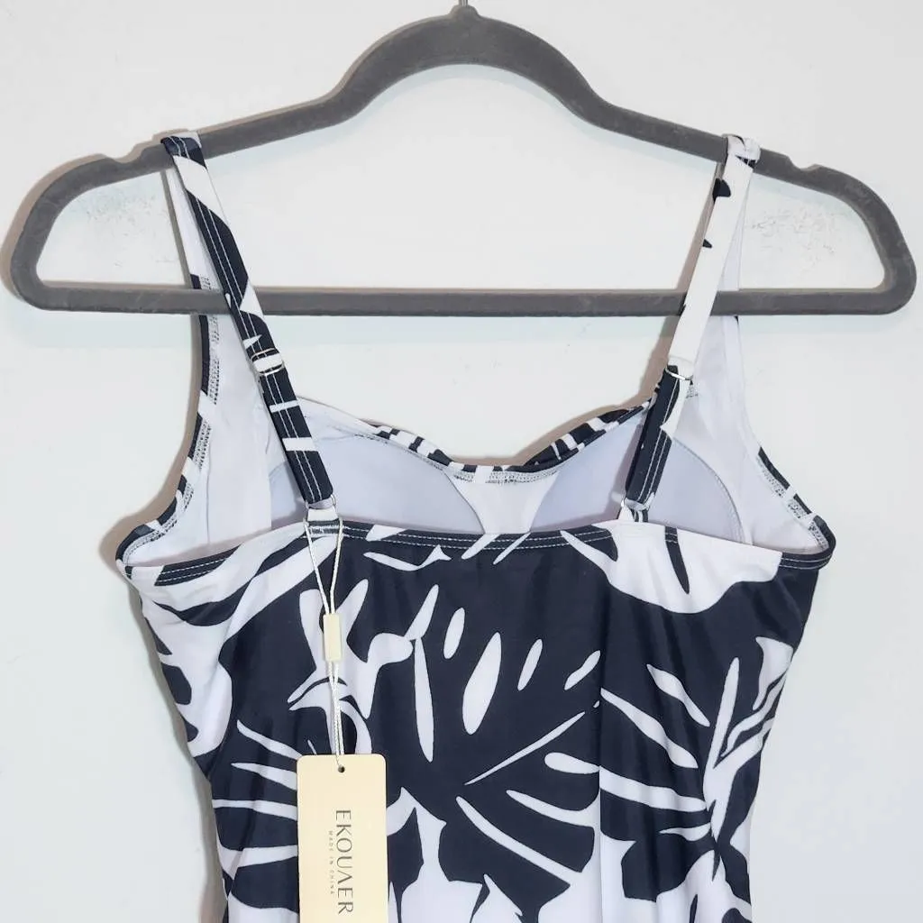 Ekouaer Black and White Tropical Print Ruched One-Piece Swimsuit NWT Size Large - Image 6
