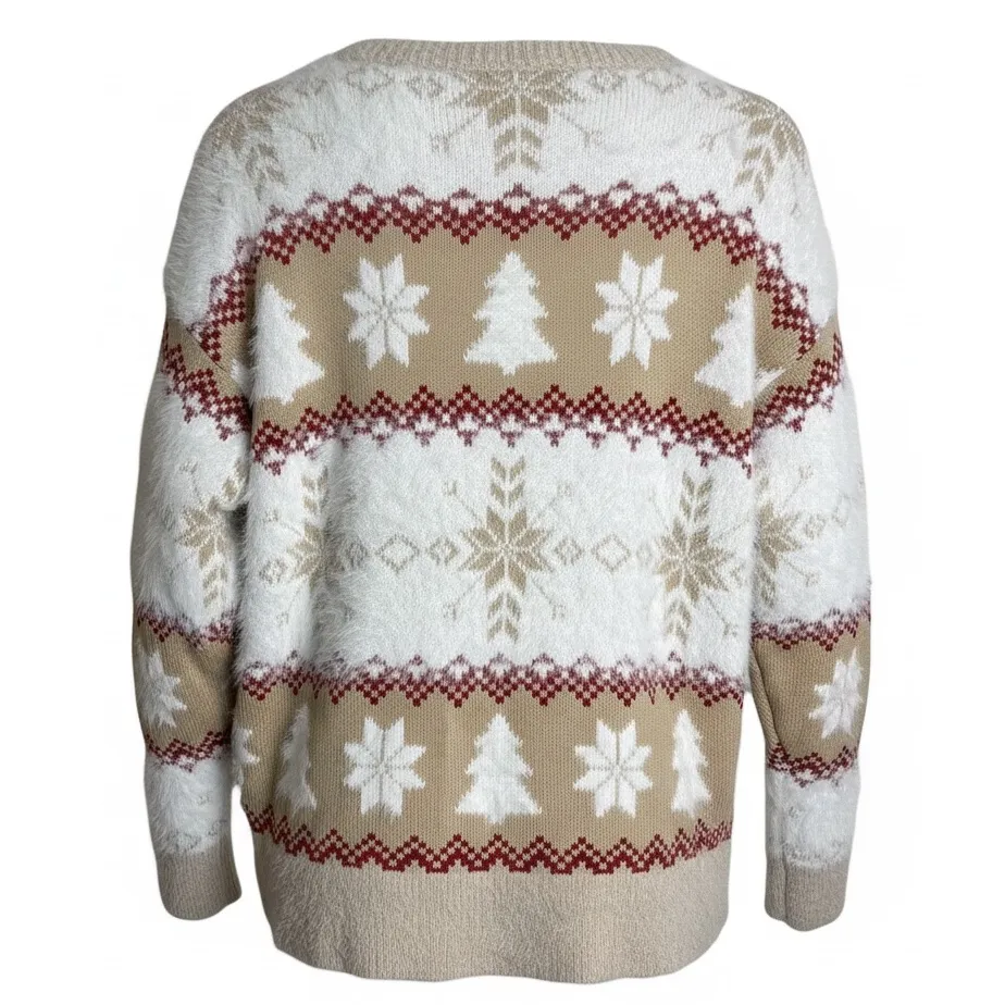 Women's Large (12-14) Beige White Fuzzy Christmas Sweater Tree Snowflakes - Image 2
