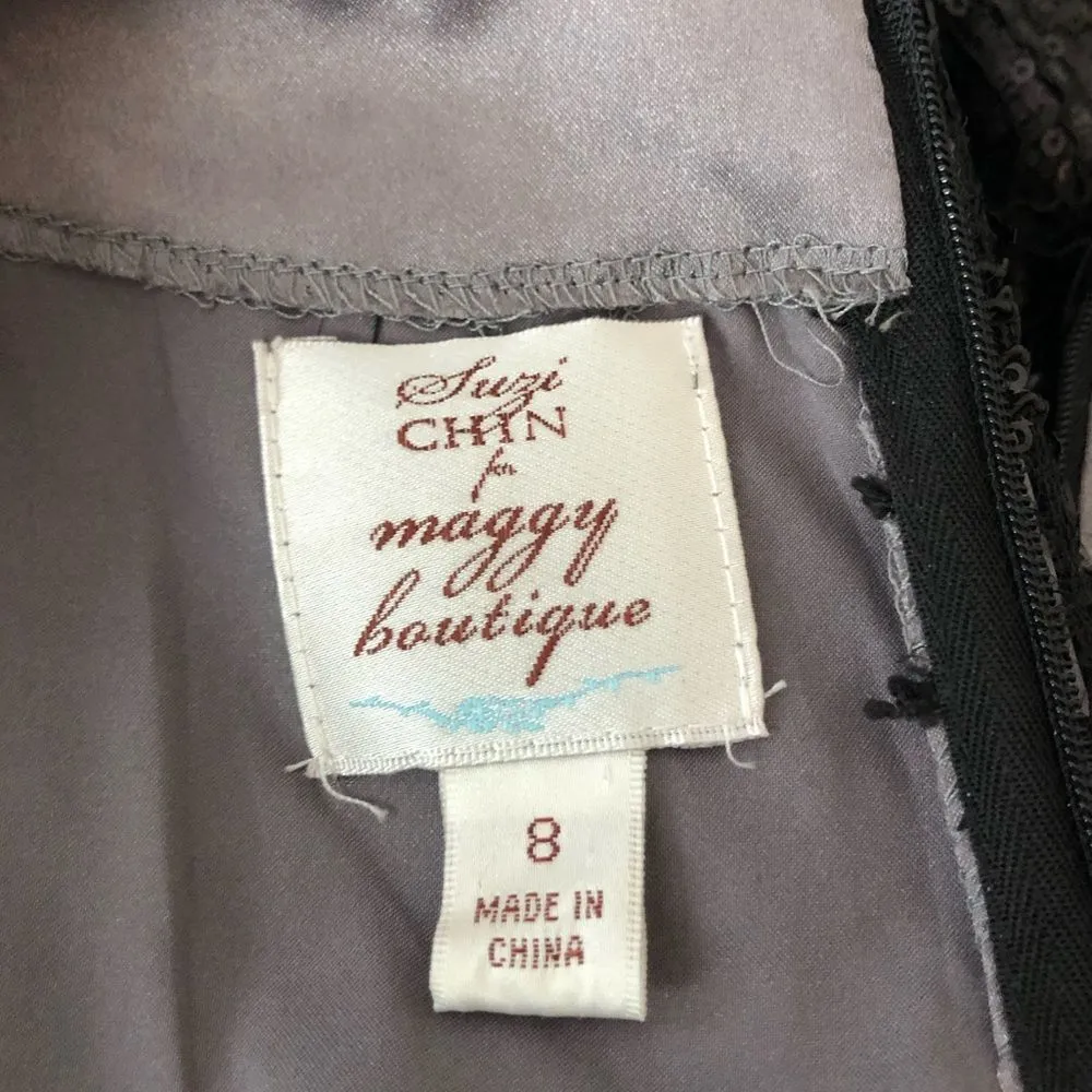 Suzi Chin for Maggy Boutique Black Sequin Swirl Cap Sleeve Cocktail Dress size 8 - Image 10