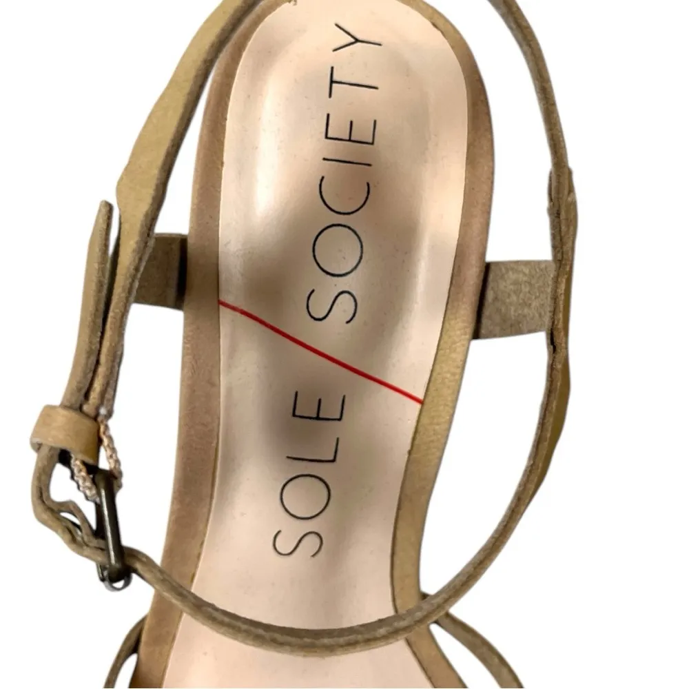 Sole Society Sandals Paulina Nubuck Block Heels Natural Tan Women’s Size 7.5M - Image 8