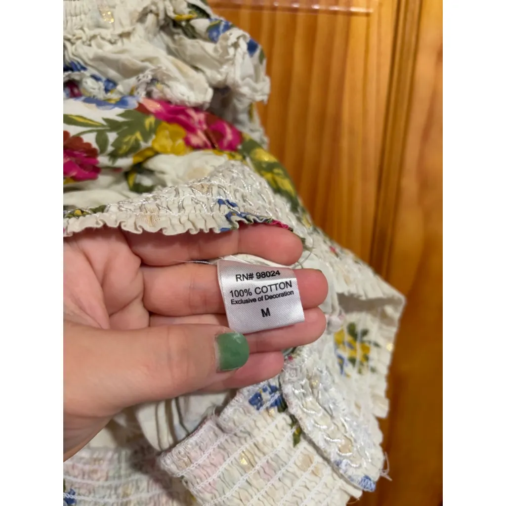 House of Harlow 1960 x Revolve Floral Smocked Ruffle Top M Boho Cottagecore White Size M - Image 4