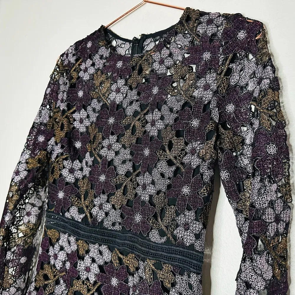 CYNTHIA ROWLEY Linden Purple Black Lace Floral Bell Sleeves Mini Dress Size 4 - Image 7