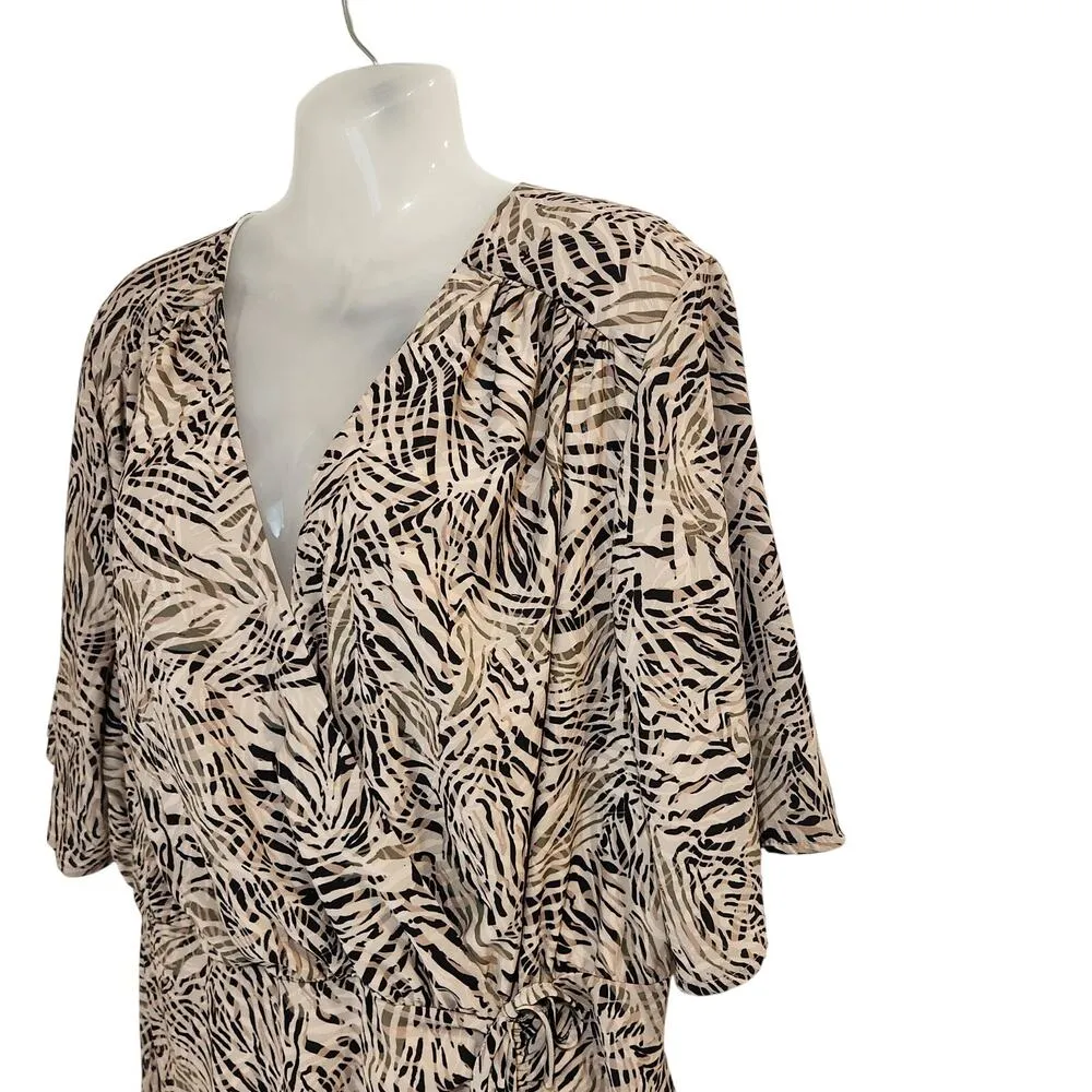 Eloquii Faux Wrap Flutter Sleeves Knee Length A-Line Dress Zebra Print Beige 18 - Image 4
