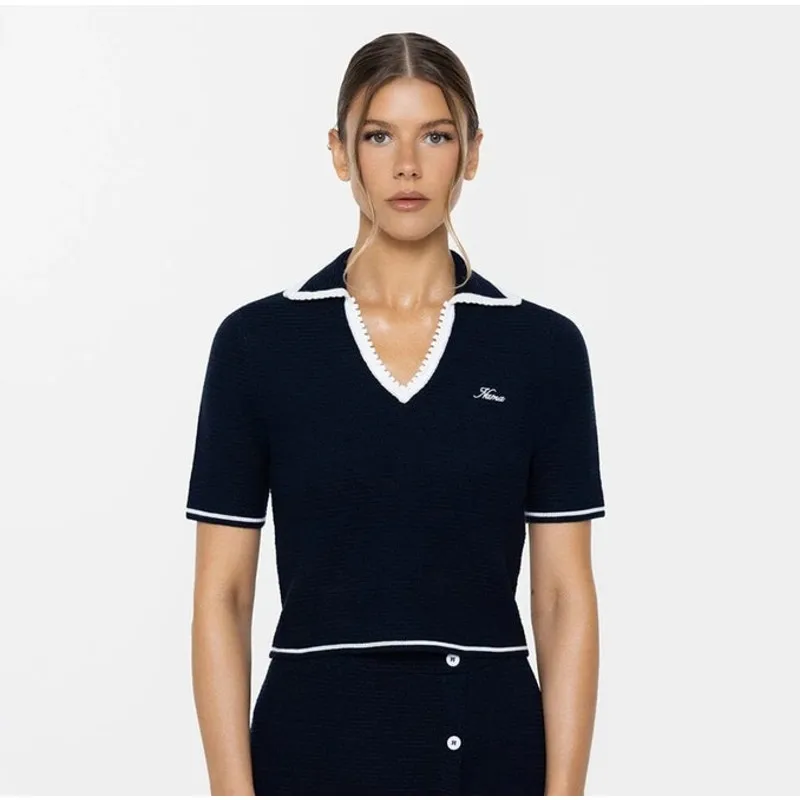 Nama Polo Shirt Crochet Short Sleeve Size XS Navy Blue White - Image 4