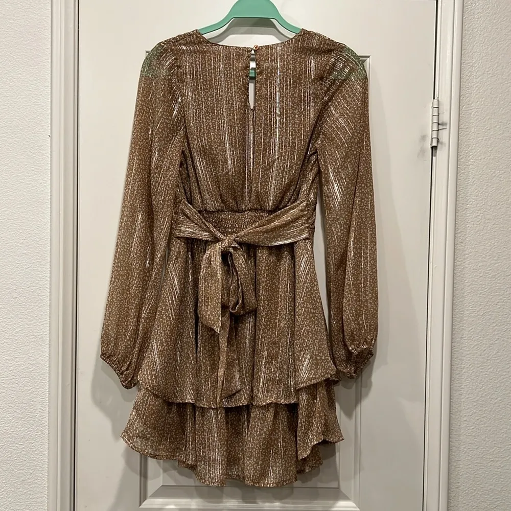 Japna Leopard Tan Metallic Teired Mini Dress Long Sleeve Medium LIKE NEW!! - Image 5