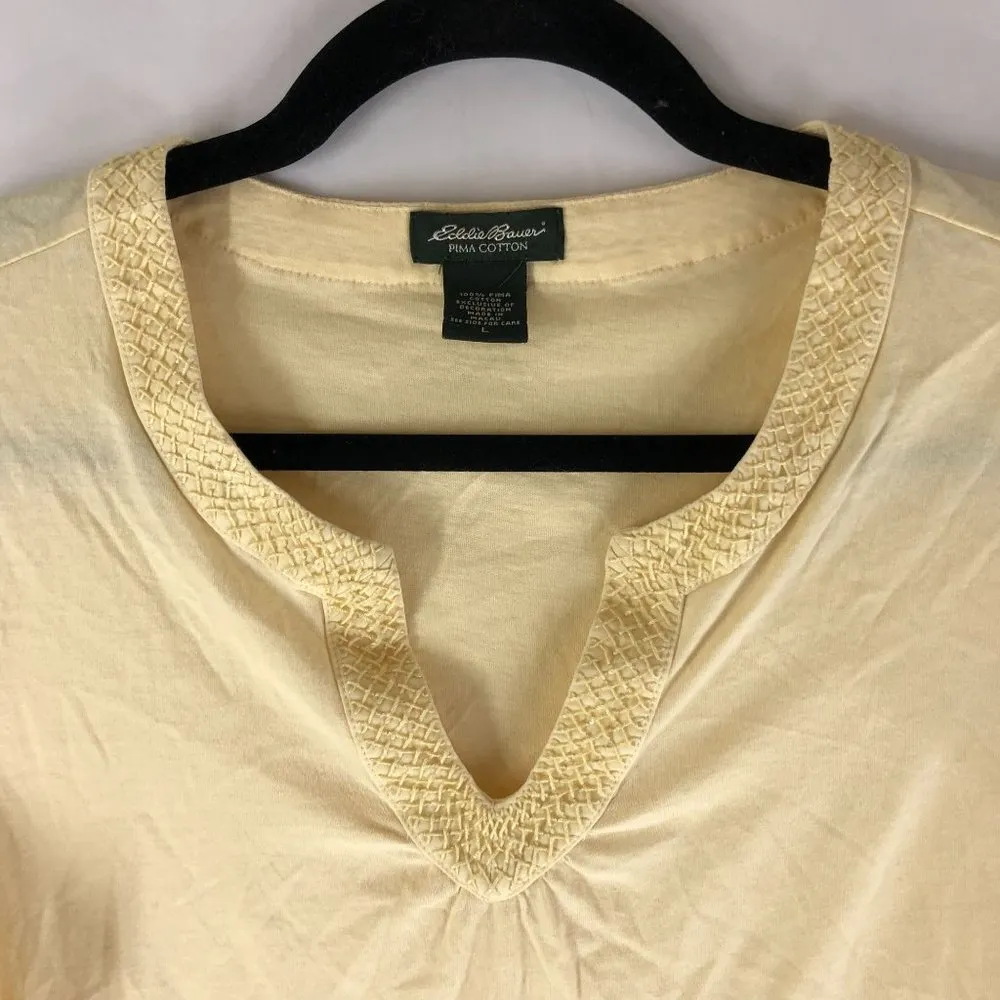 Eddie Bauer Womens Top Pima Cotton Split Neck Embroidered Short Sleeve Yellow L - Image 2