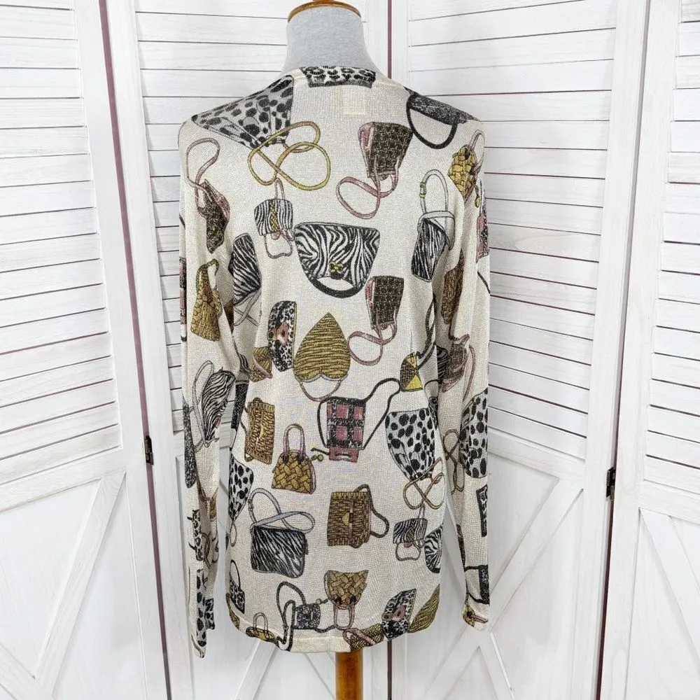 XXist Shimmer Purses Print Button Up Cardigan Sweater Gold Tan Multi Large - Image 5